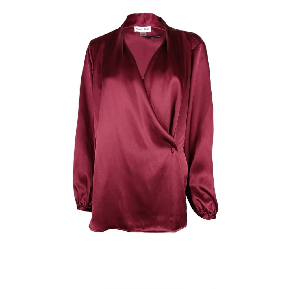 Calvin Klein Burgundy Satin Surplice V-Neck Long Sleeve Cross Blouse in Size L